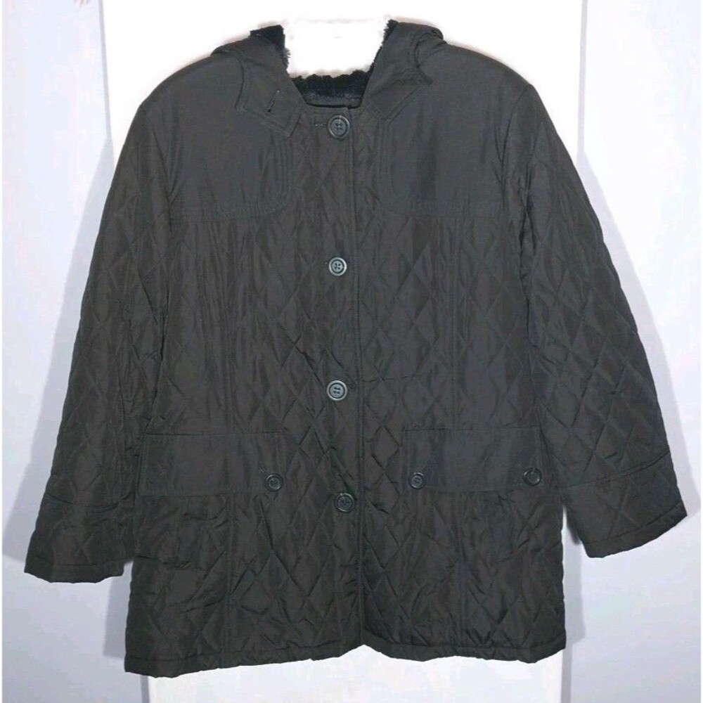 London Harbor Womens 2X Black Quilted Hooded Coat Faux Fur Lined Jacket
